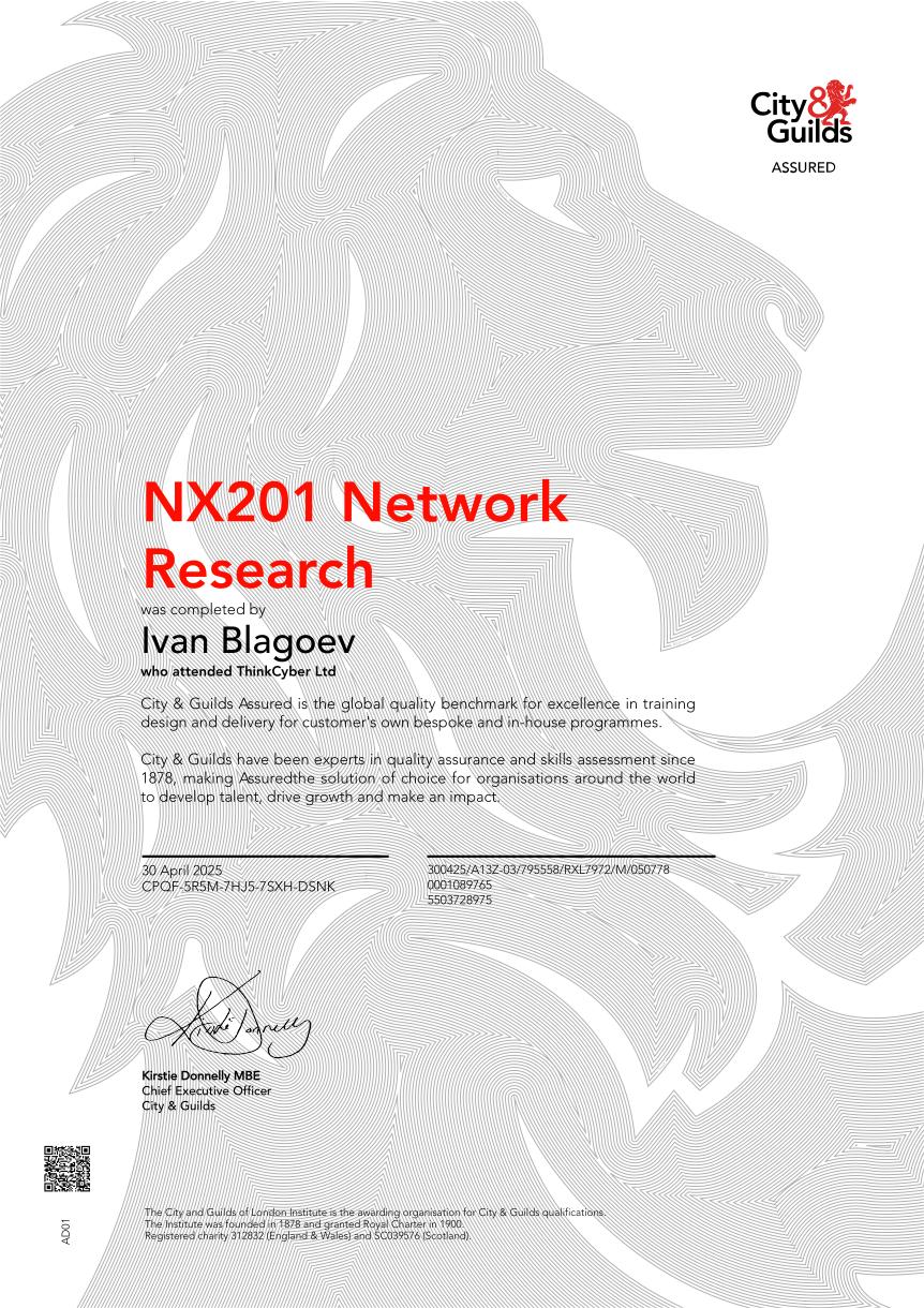 Example ThinkCyber International training certificate