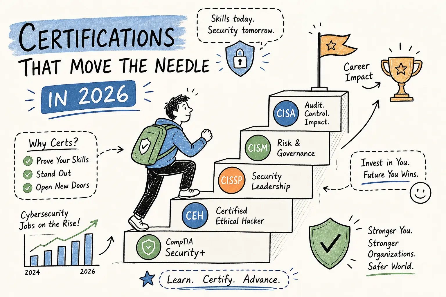 Compare the top cybersecurity certifications for 2026, including Security+, CISSP, CISM, CEH, CySA+, costs, career paths, and where to start.